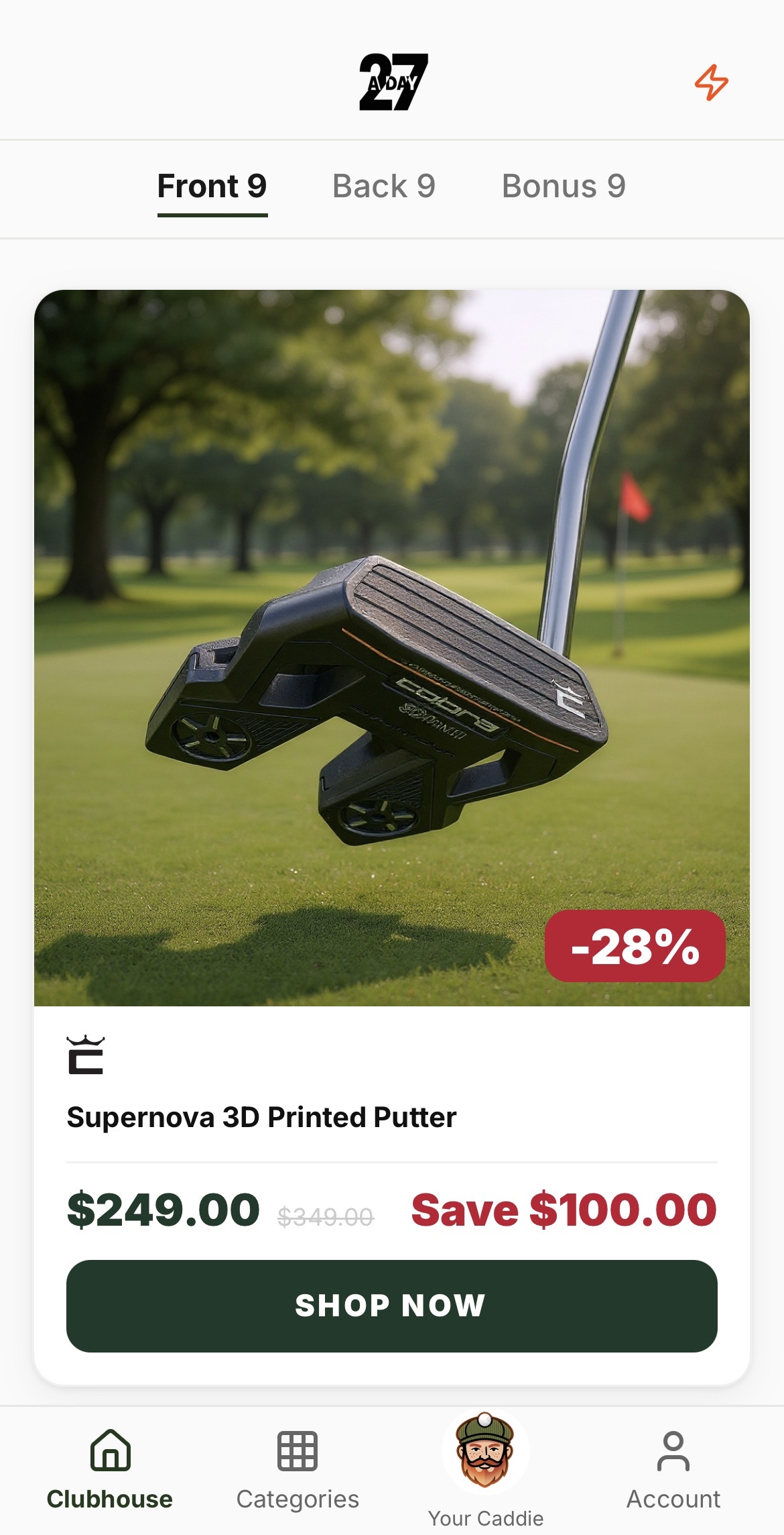 27aDay app showing the Cobra Supernova 3D Printed Putter deal