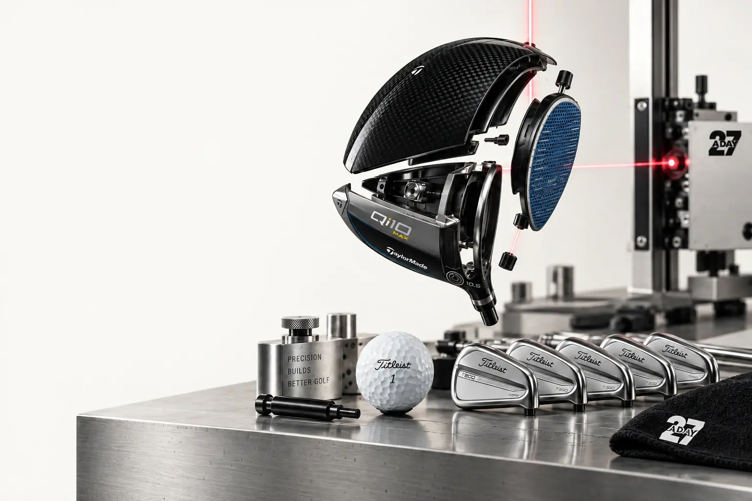 Exploded golf driver suspended in a precision equipment lab, with laser instruments and Titleist irons on the workbench